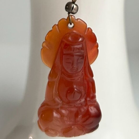 14k GF Carnelian Agate Beaded Necklace with Carved Guan Yin Buddhist - Picture 2 of 13